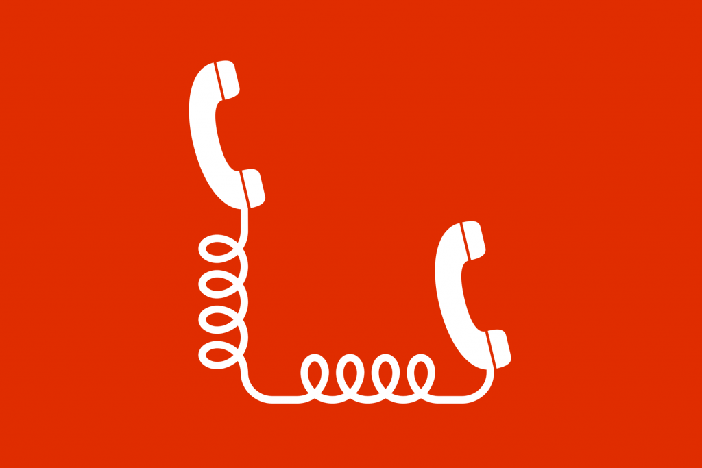 Simple drawing of two old fashioned telephones connected by cord.